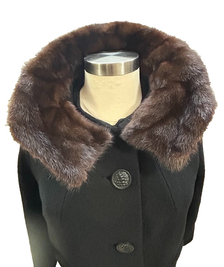 VTG ILGWU Union Made Wool Opera Swing Overcoat Black Fur Collar Women Sz 2XL