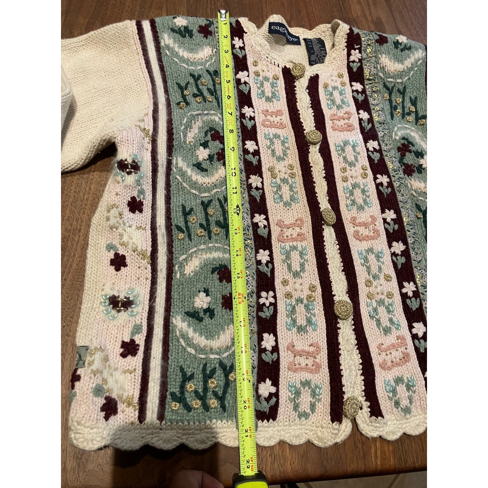 VTG Eagle’s Eye Small Embroidered Floral Beige Gold Green Pink Cardigan Sweater