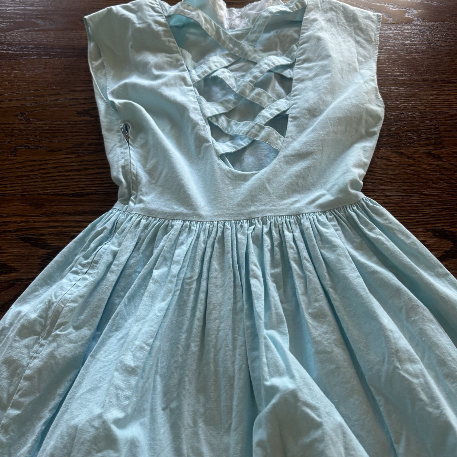 Vintage 1980s Sz 5/6 Dress 100% Cotton Powder Blue Woven Back A Line Adorable