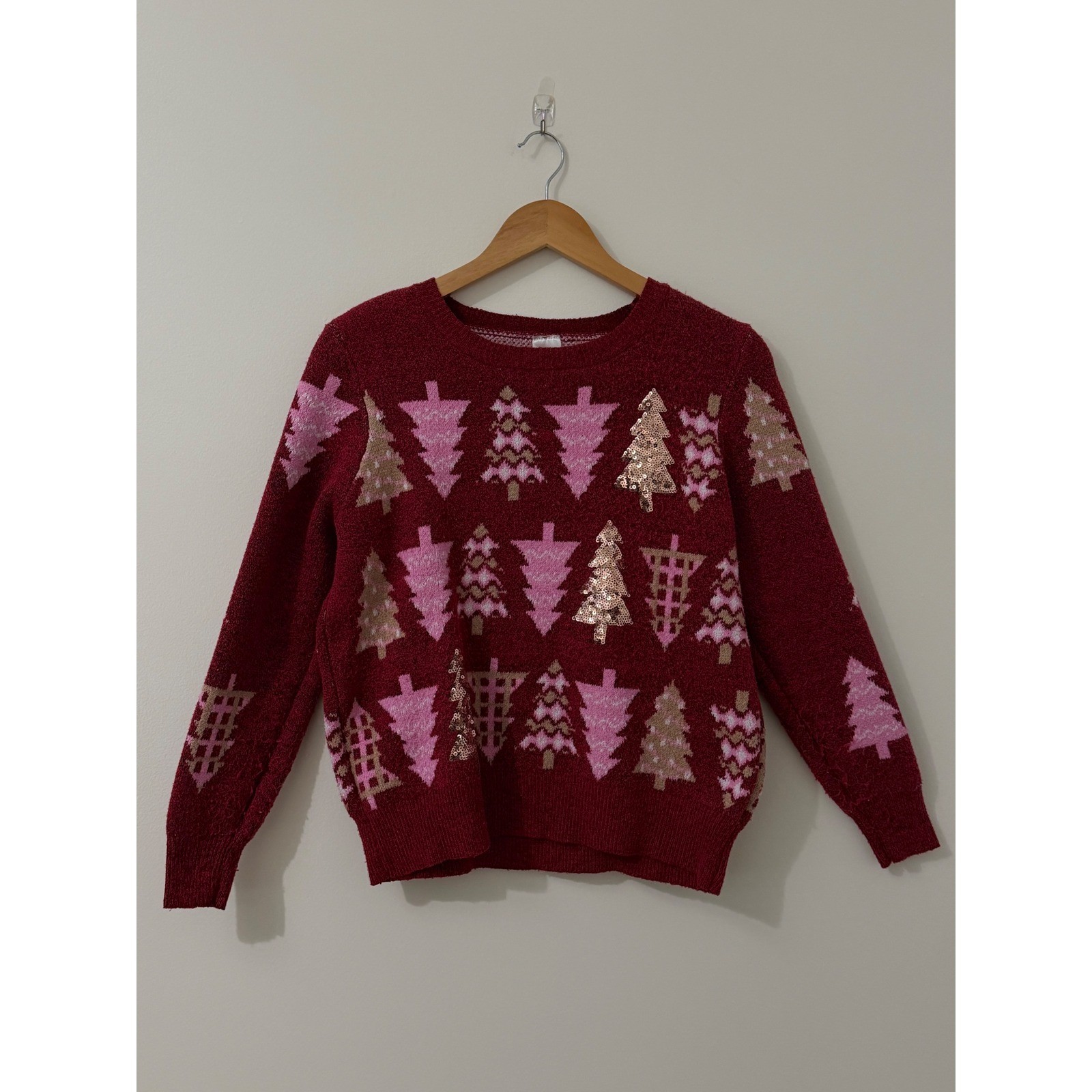 Holiday Time Burgundy Pink Christmas Tree Gold Sequin Sweater L Cozy Ugly Party