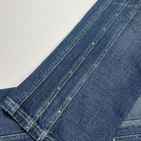 Vintage Y2K Flared Crest Jeans with Rhinestone and Side Seam Embellishments