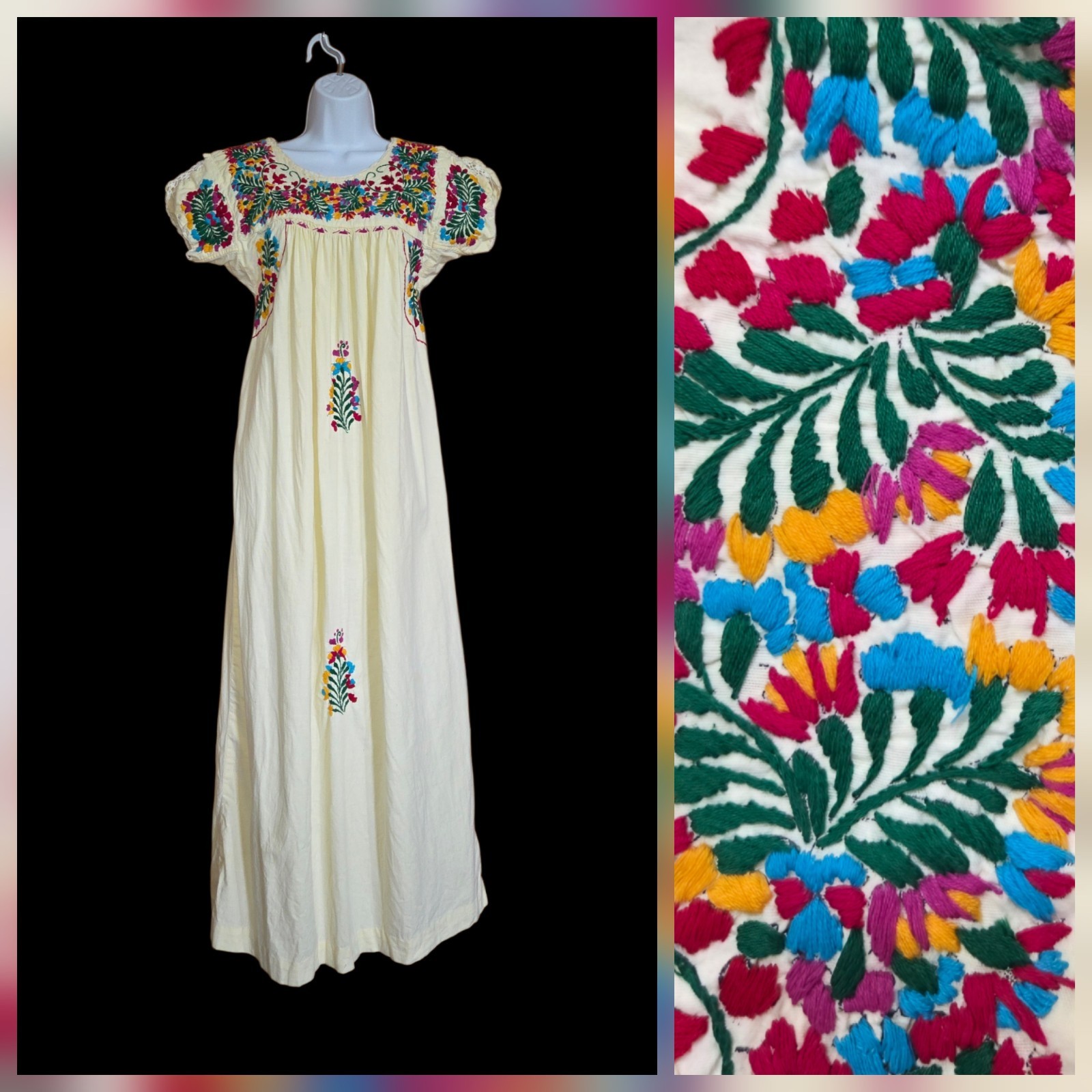 VTG 70s Mexican Oaxacan Floral Embroidered Maxi Dress Hippie Boho Wmn XS Girl XL
