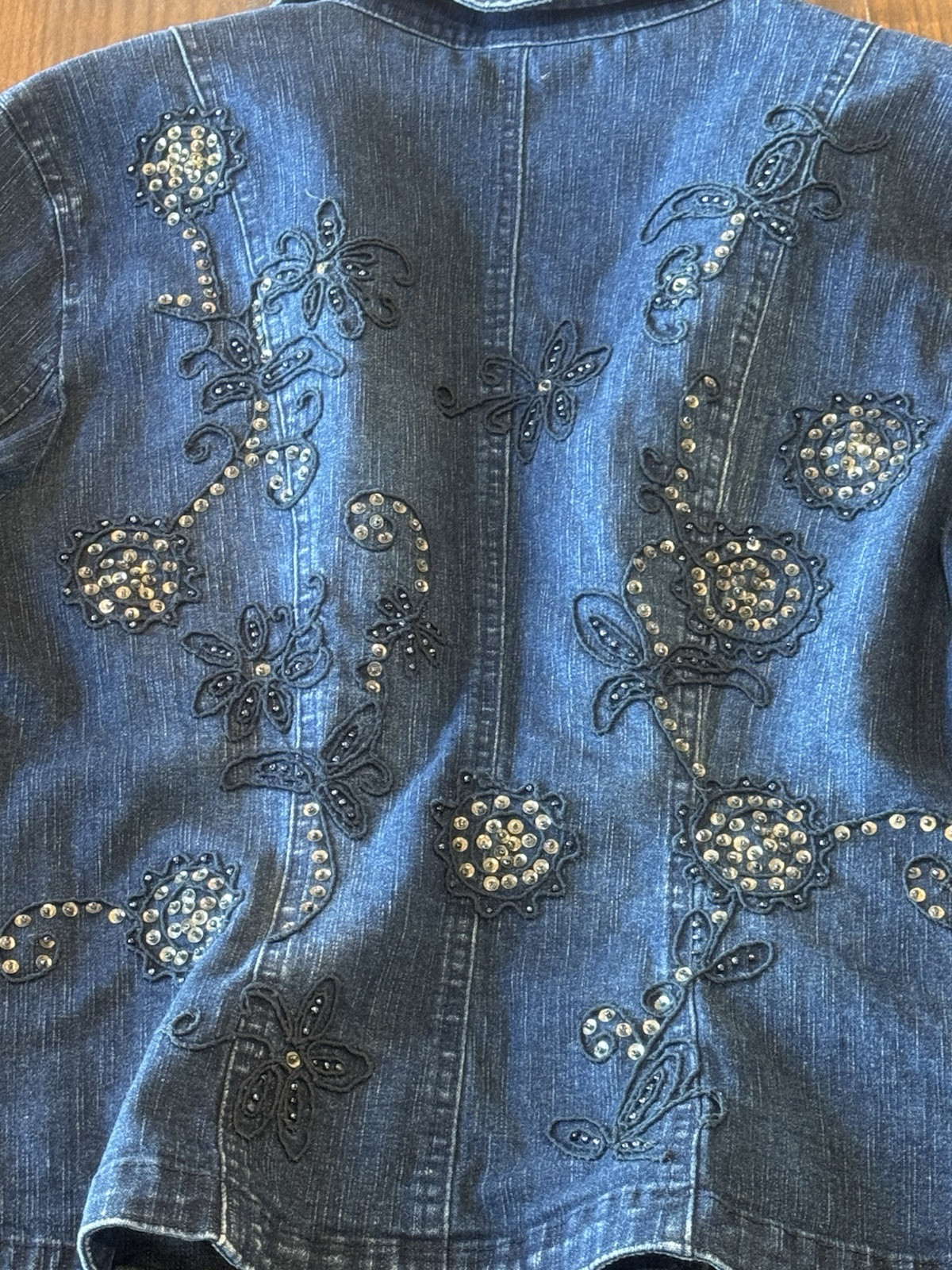 VTG Flashback jacket blue denim beaded sequin button jean pockets Medium