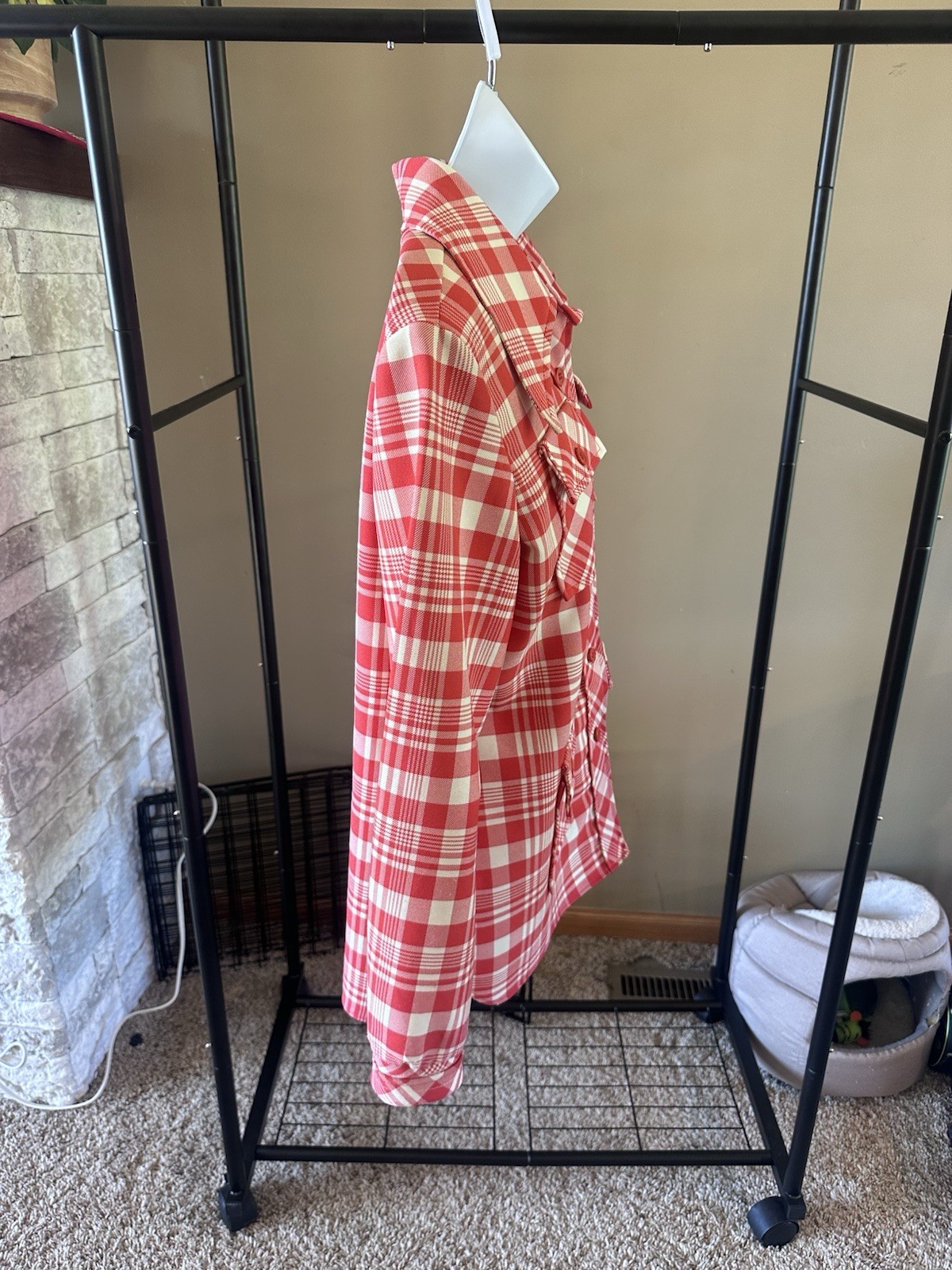 Dixie Deb Vintage Shirt Polyester Red And White Plaid. Button Up, 4 Pockets.