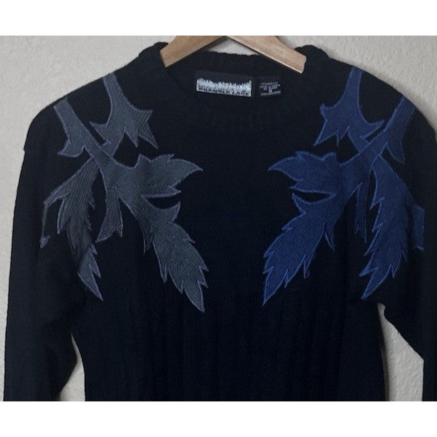 Bramble Lane Vintage Black Embroidered Leaf Knit Sweater Womens Medium Blue Grey