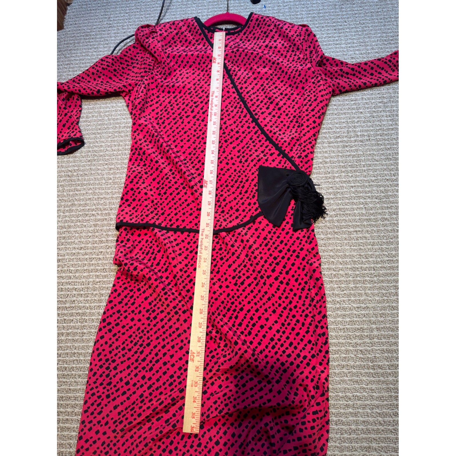 Henry Lee Vintage 80s Red Black Geometric Faux Wrap Dress Rosette Tassel Sz 12