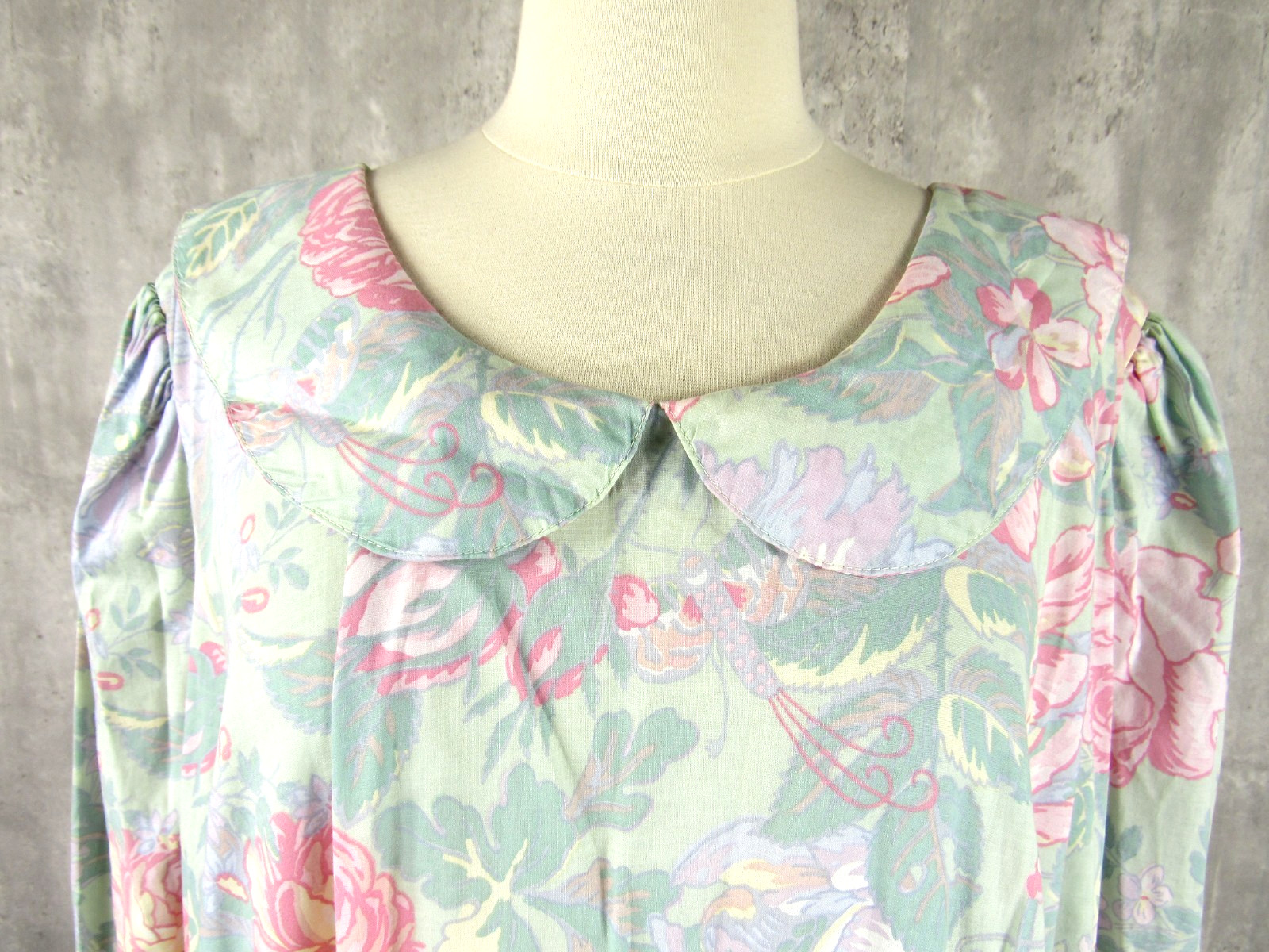 Vintage 80s Floral Drop Waist Light Green Tea Garden Midi Dress Cotton XL 2XL