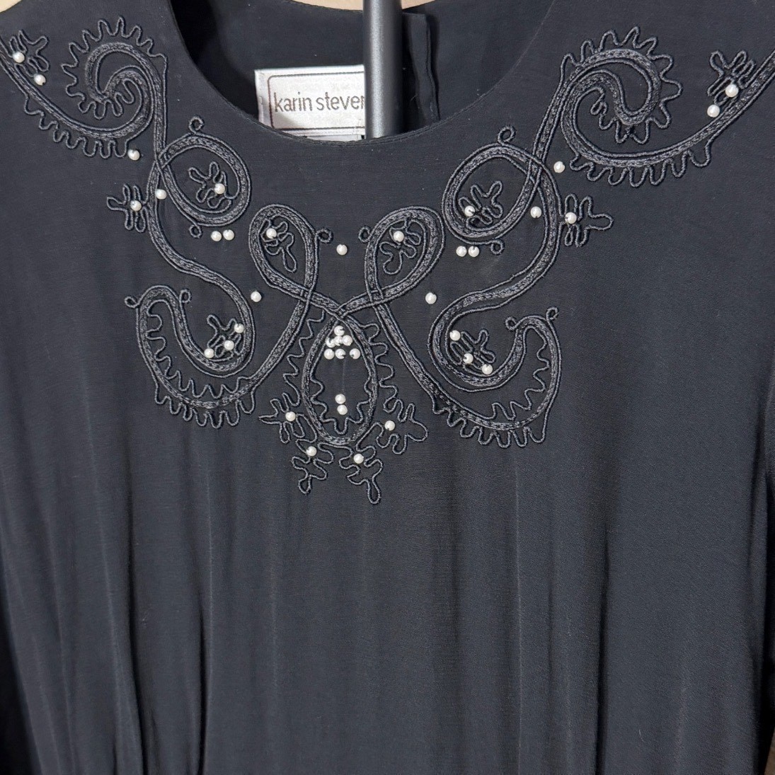 Karin Stevens Vintage Black Rayon Midi Dress Embroidered Size M