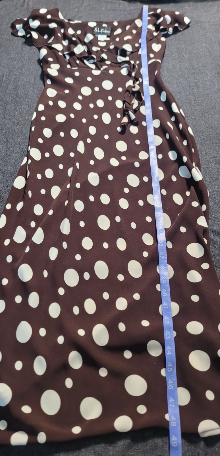 Vintage 80s 90s S.L Fashions Brown White Polka Dot Midi Maxi Dress Ruffles Vneck