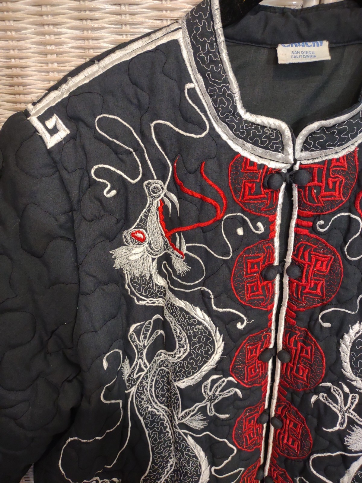 Oriental Mandarin Dragons Embroidery Quilted Cotton Blend Jacket Black L