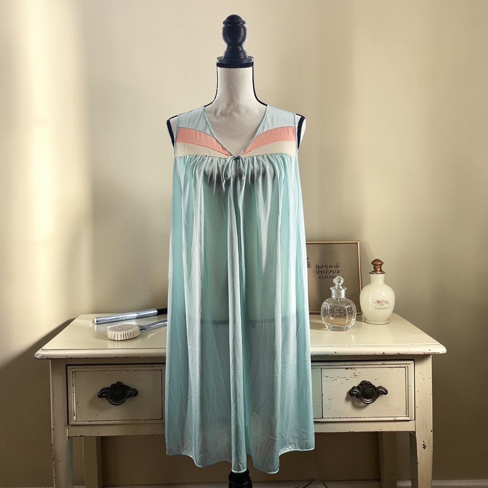 VTG Lorraine Nightgown MD Mint Seafoam Peach Color Block Sleeveless Nylon Sheer