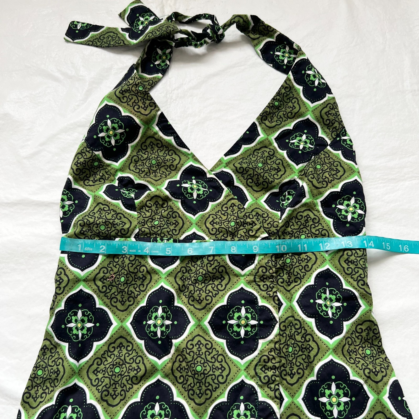 Vintage homemade dress halter neck maxi green black floral sleeveless size 6