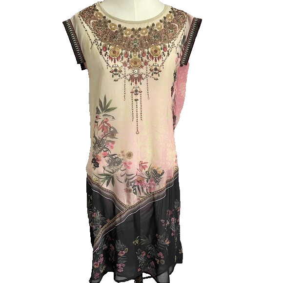Desigual Elo Sheer Floral Chiffon Flapper Bejeweled Neckline Knee Dress – Small