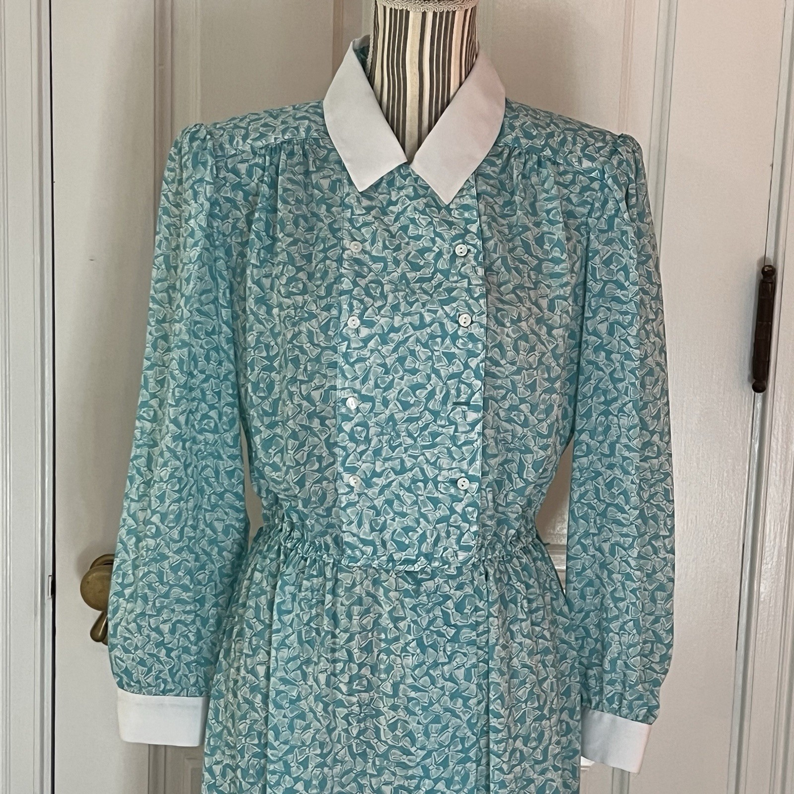 Vintage 80s Samantha Steven’s Petites Teal Bow Print Dress D151 Size 14