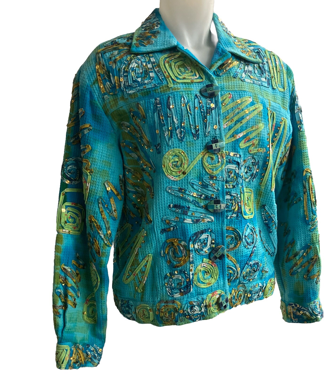 Vintage 90s Turquois Jacket Patchwork Bedazzle Retro CARRIE ALLEN Size Small