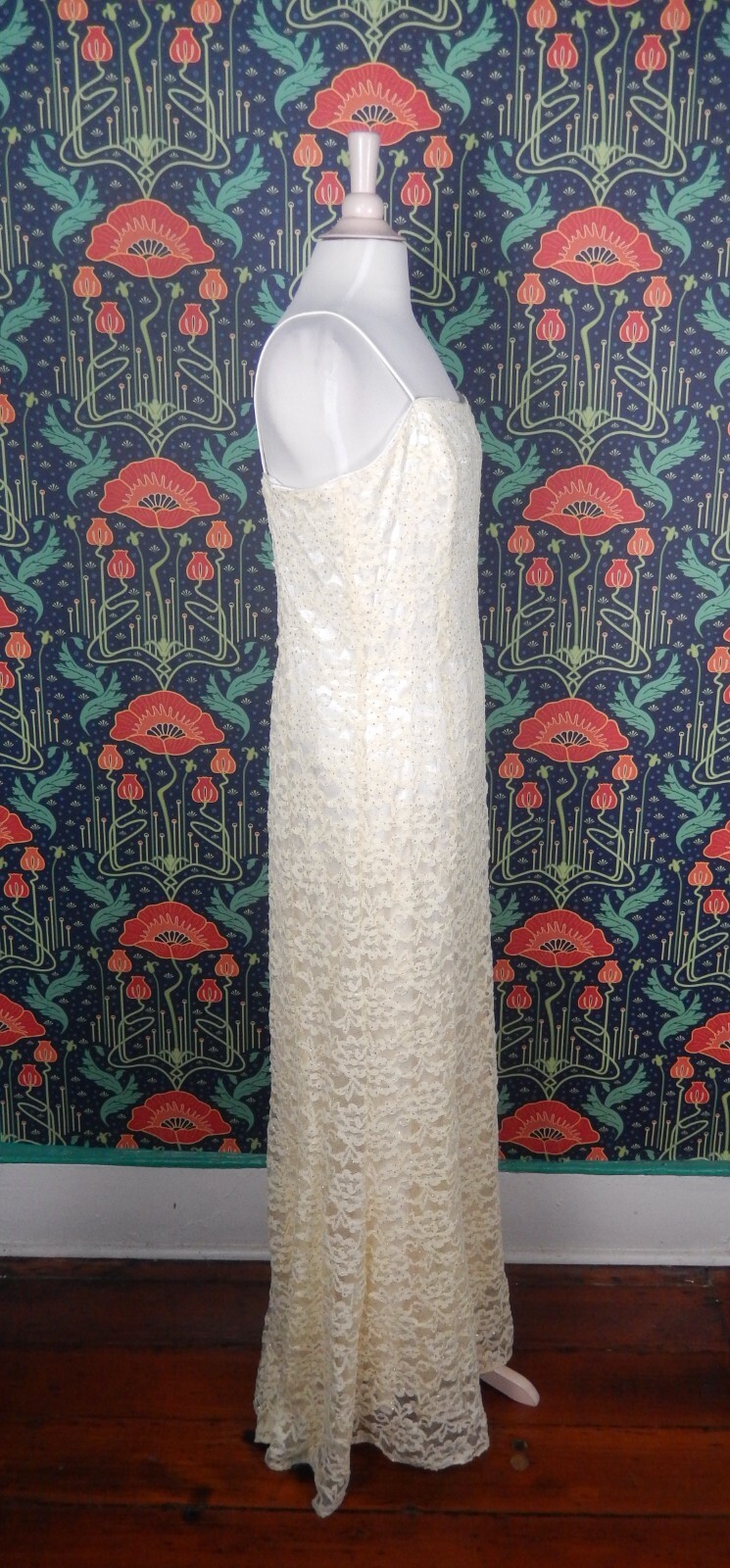 Vintage 90’s Y2K Ivory White Satin Lace Gold Glitter Prom Slip Gown Dress