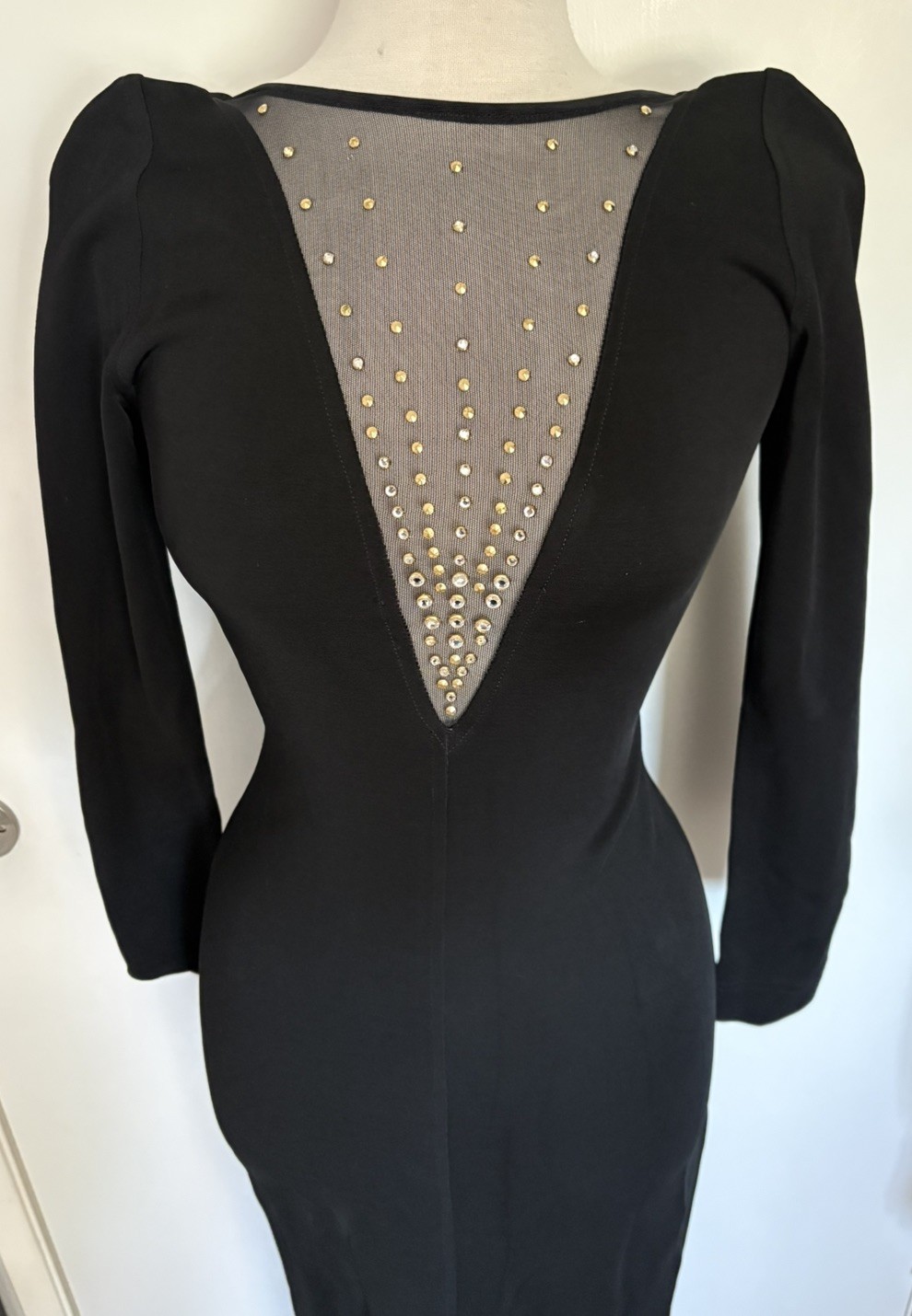 Tadashi Vintage Maxi Dress 90s Black Rhinestones Plunge Accent Evening Dress S