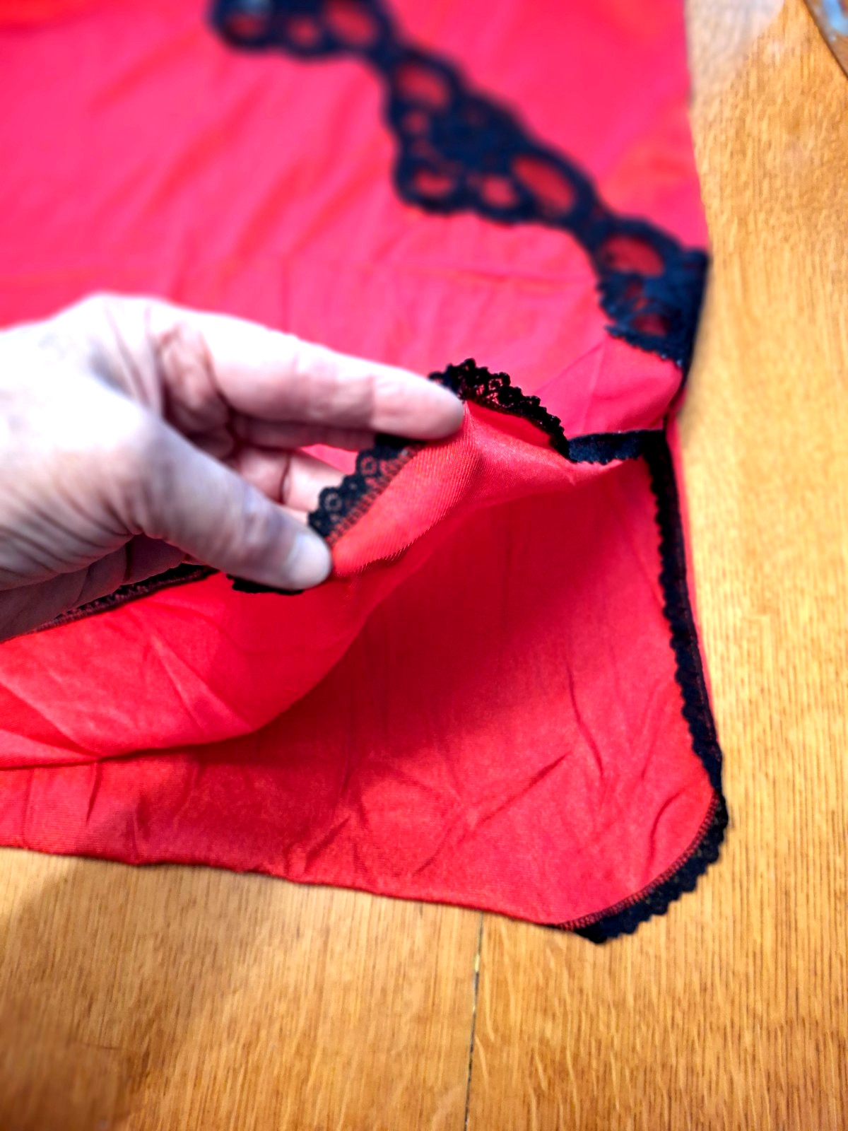 Vintage Red Nylon Black Lace Cami Lingerie Slip Top Spaghetti Straps Slit Side