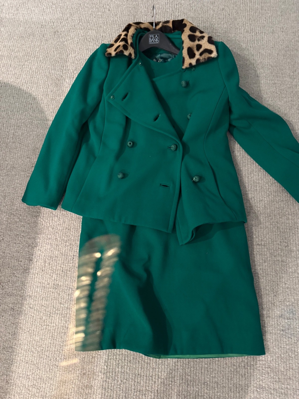 Vintage 60s Wool Coat & Dress Set Leopard Fur Collar Kelly Green approx 4