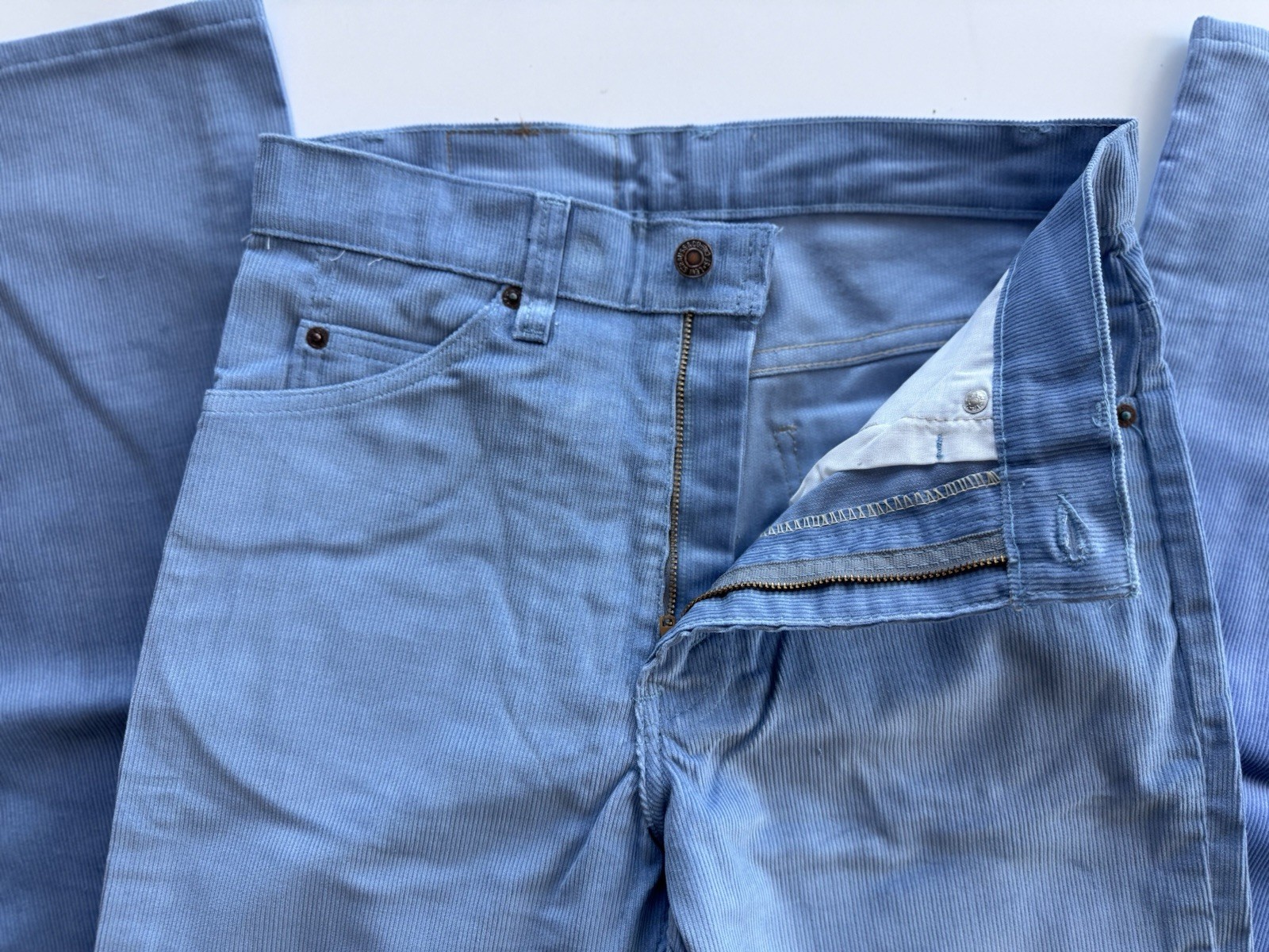 Vintage 70s 80s Levis 517 Corduroy Jeans Pants Cords Light Blue Zip USA 30 X 34