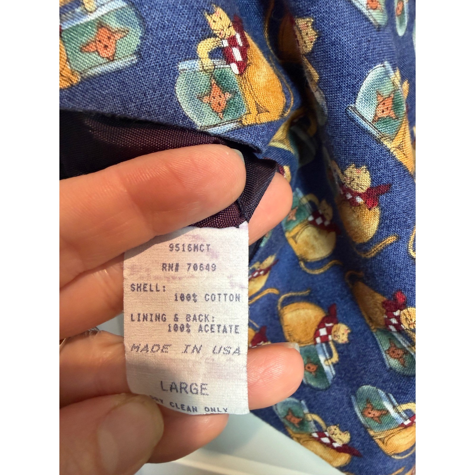On Tour Vintage Cat Lover Novelty Print Vest Blue Cotton Button Front Large USA