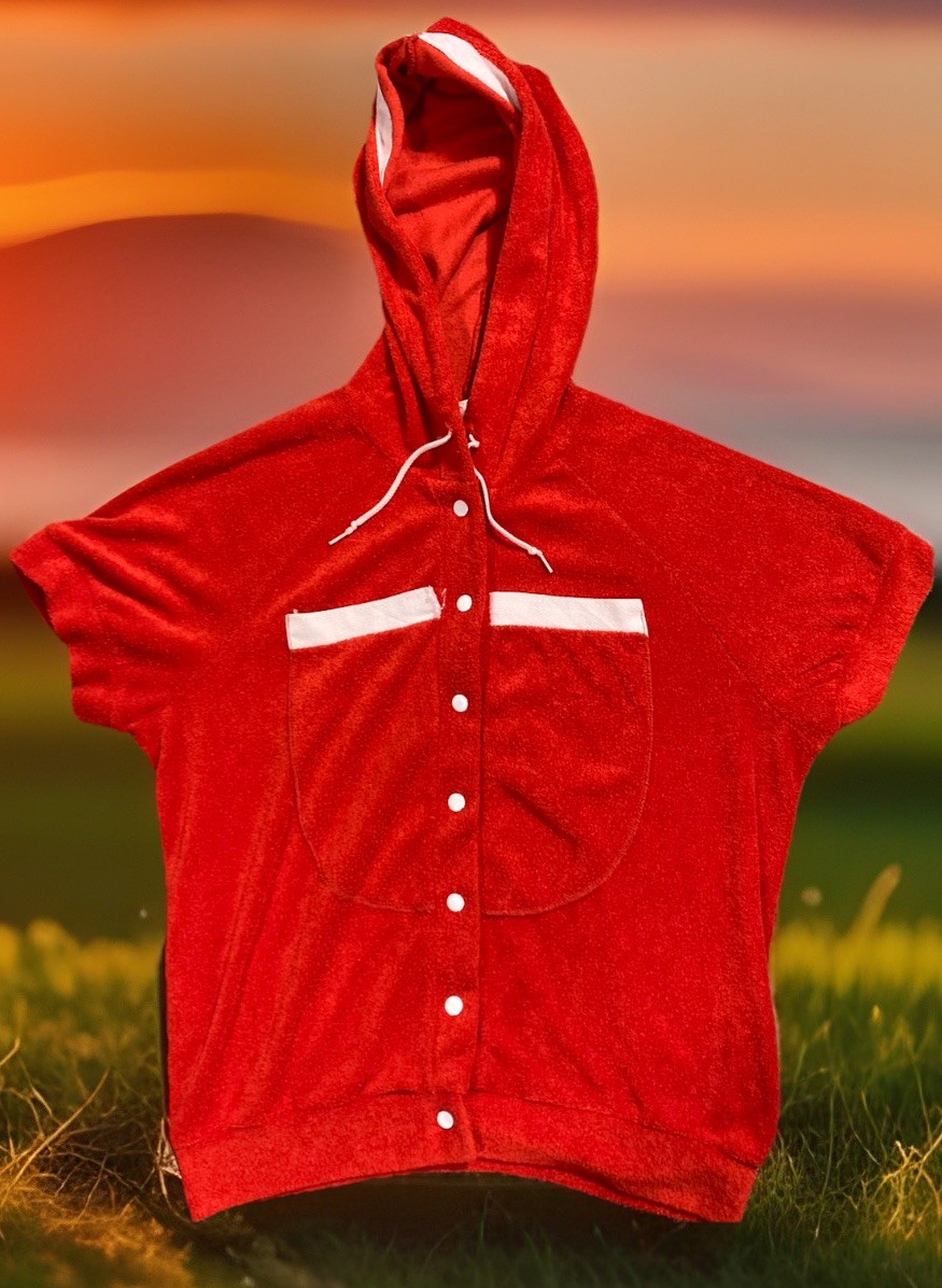 Grandpa Sears Mate Hooded Velour Top Red Snap Front Short Sleeve Retro 70s