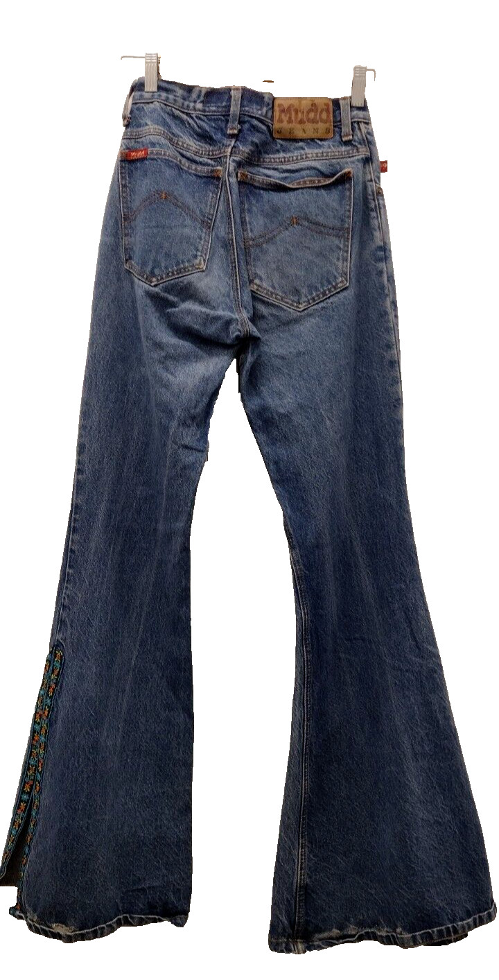 Mudd Jeans 90s Blue Denim Wide Bell Bottoms Waist 26 inch Epic SIDE SLIT