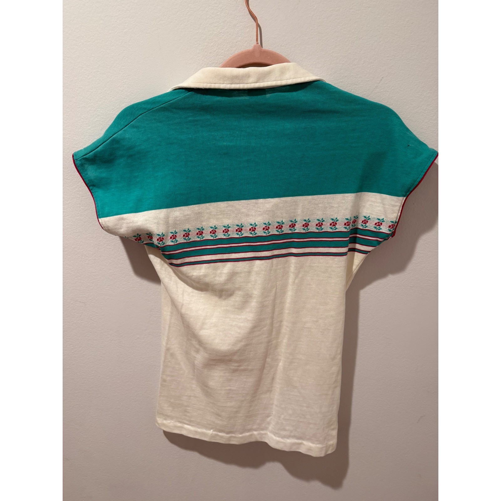 Vintage Jantzen 70s Teal White Floral Knit Polo Shirt Women Small Short Sleeve