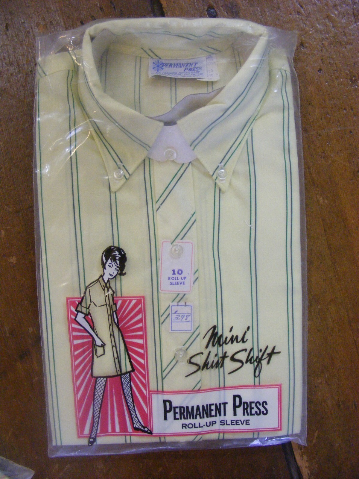 60s SHIRT DRESS BUTTON UP RAYON COTTON DEADSTOCK LEMON YELLOW GREEN STRIPE M