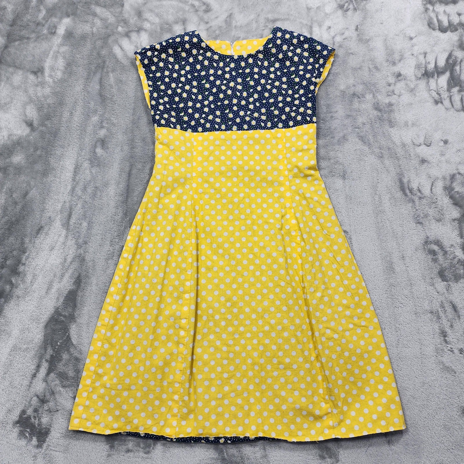 Vintage Dress Women XS Blue Yellow Floral Polka Dot Cotton Mini Cap Sleeve Daisy