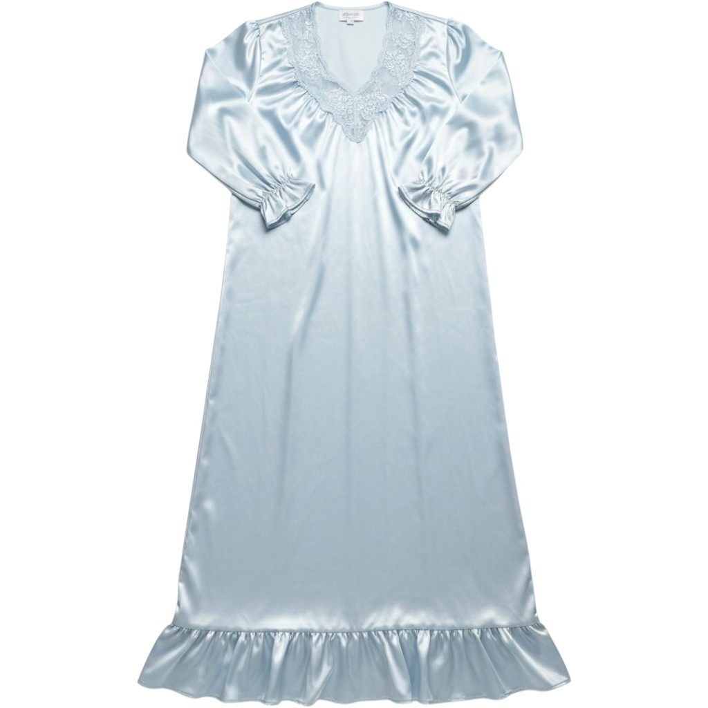 Vintage Stardust Blue Satin Lace Nightgown Long Sleeve Soft Ruffle Hem Small