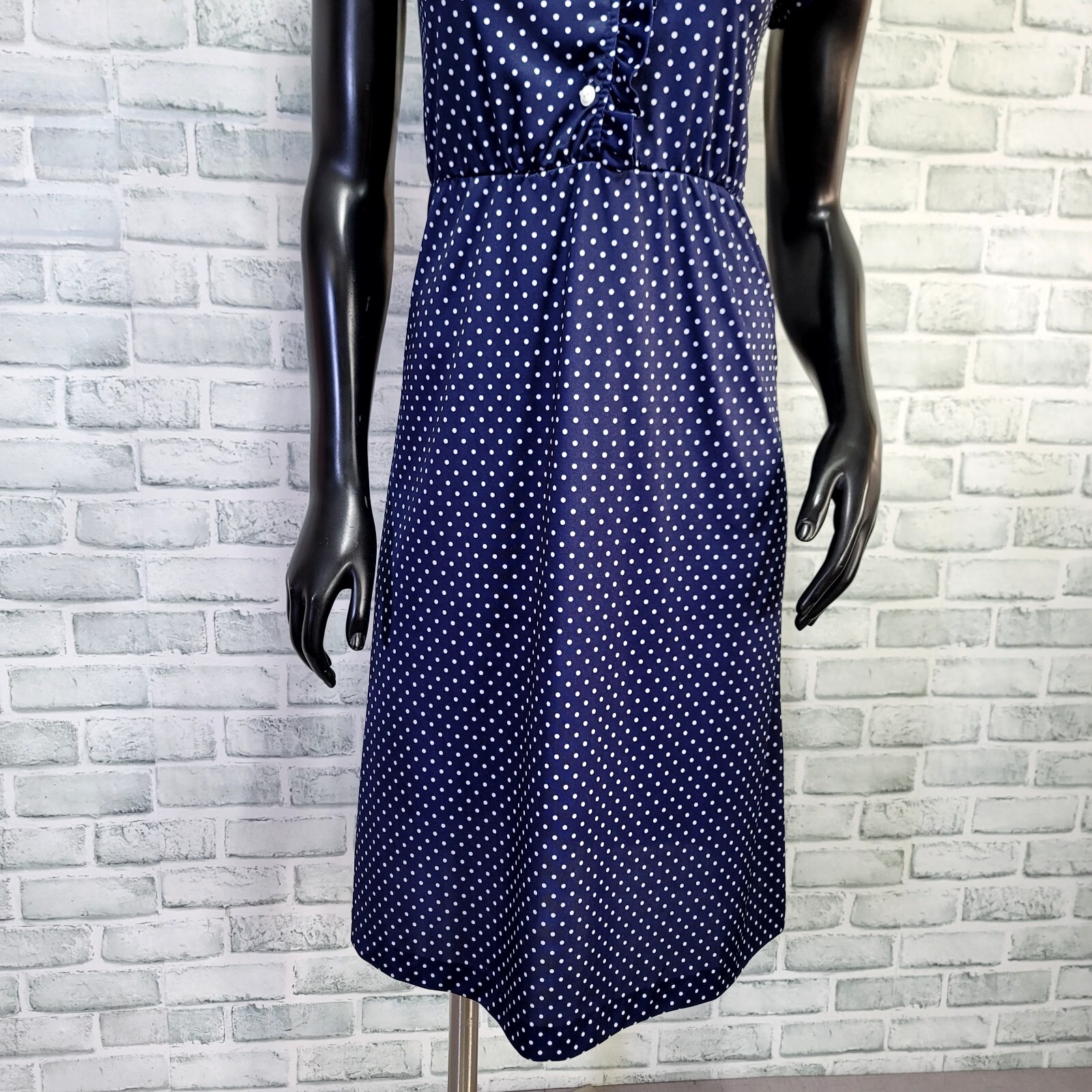 Vintage 70s Avon Fashion S Navy White Polka Dot Ruffle Sleeveless Sheath Dress