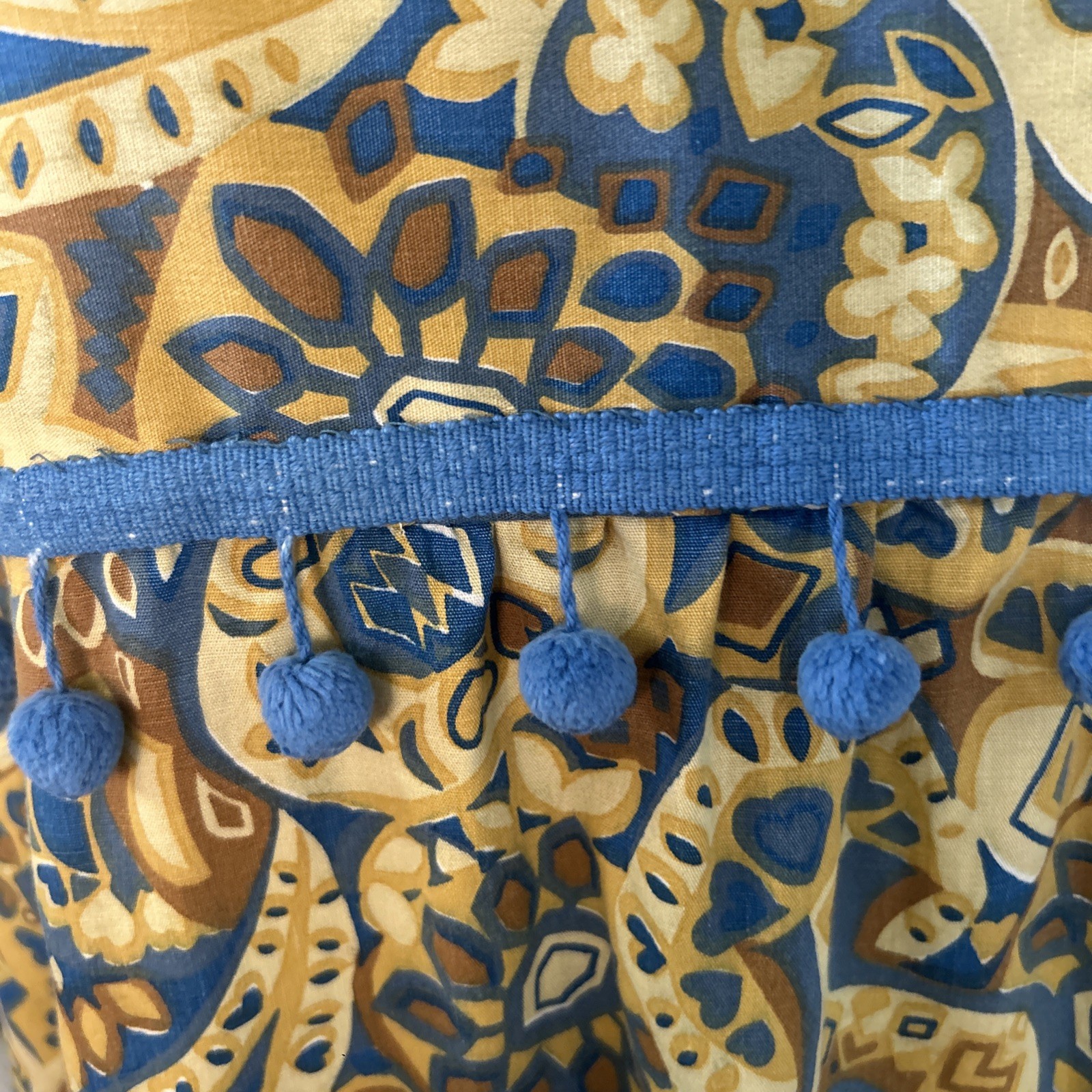 Vintage 1960’s Handmade Gold/Blue Paisley Print Caftan Maxi With Ball Fringe M