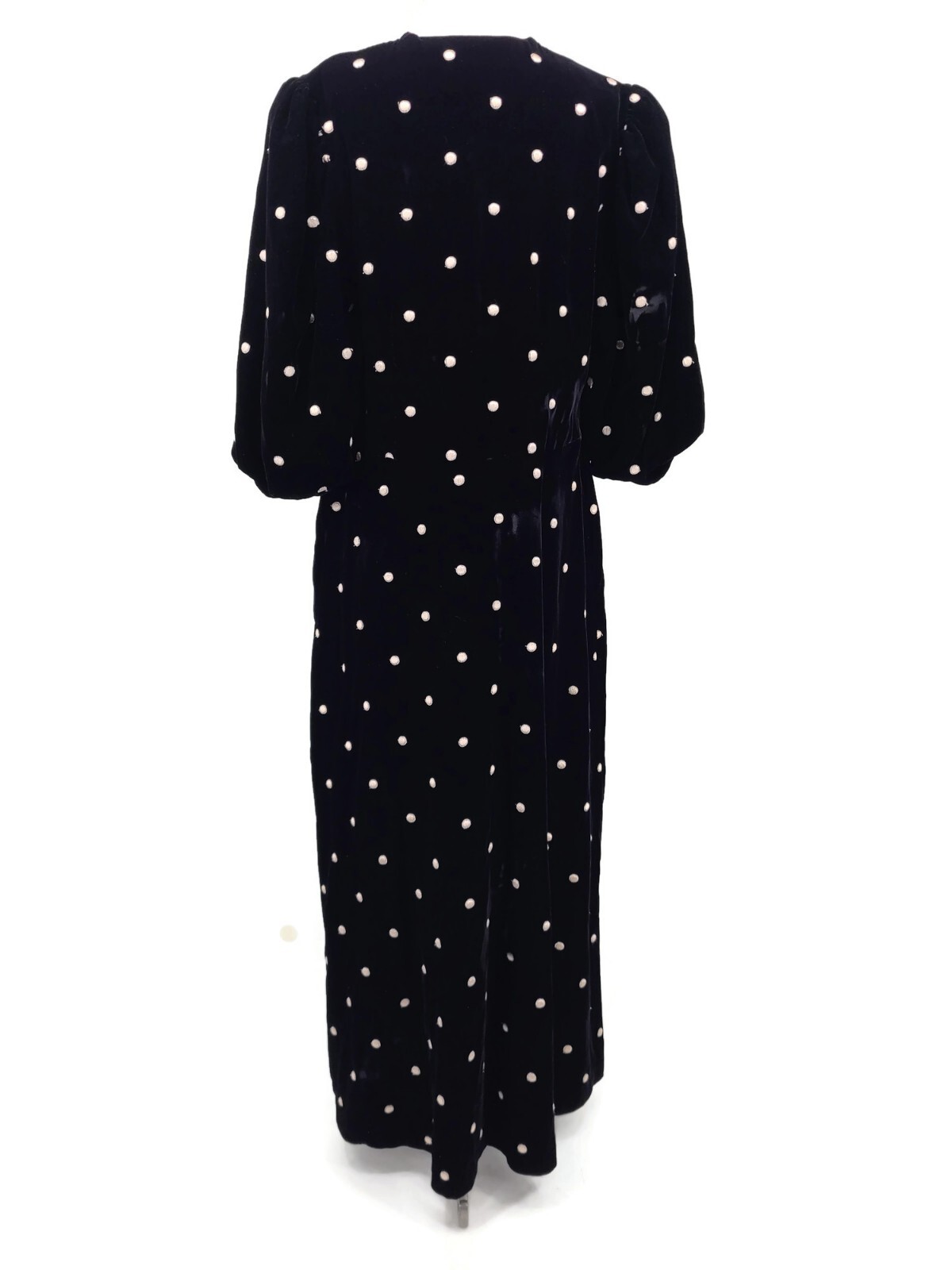 VTG Georgette Trabolsi Velvet Lounger Caftan Womens M Black Pink Dots Gown Pkts