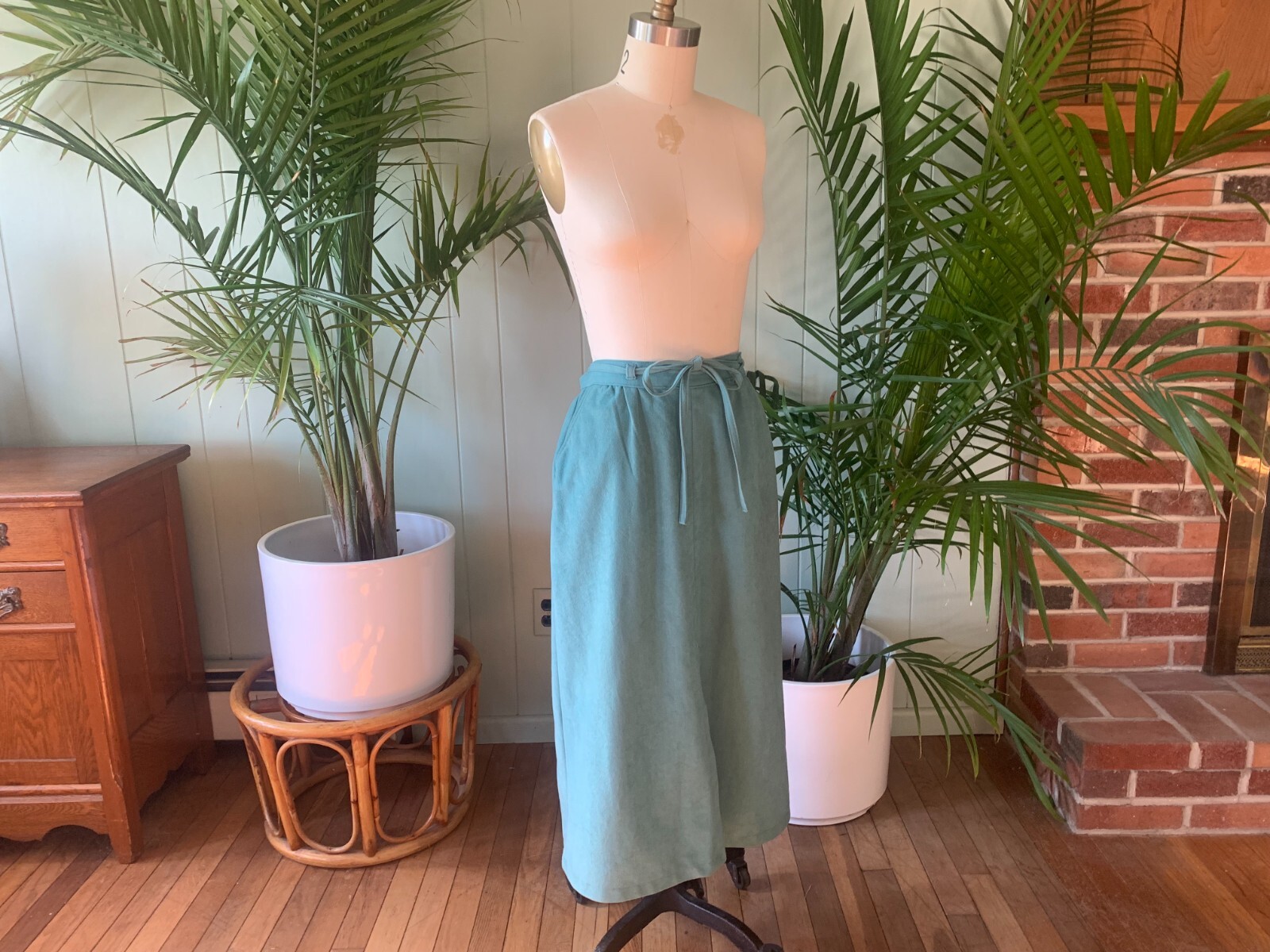 Vintage 1970s Light Turquoise Blue Sash Belt Midi Skirt White Stag