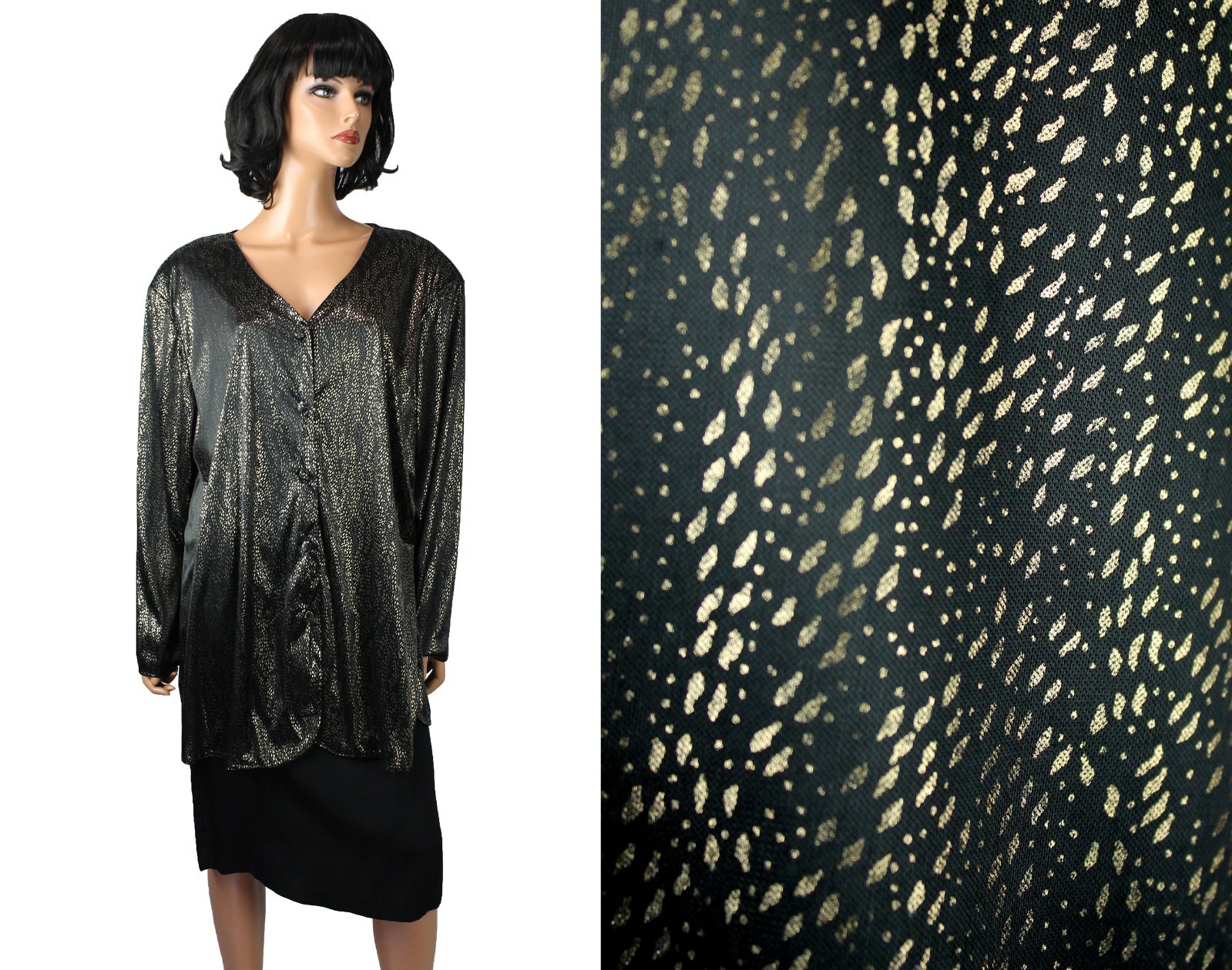 Shiny 80s Blouse 22W 2X Black Metallic Gold Dotted Stretchy Long Dress Shirt