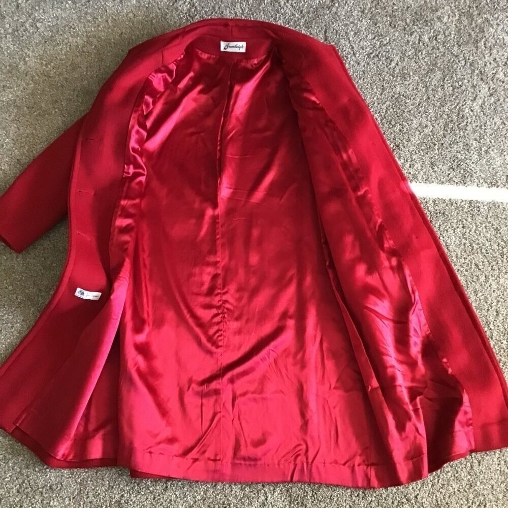 Bromleigh Vintage Red Wool Coat Stand Collar Button Front Satin Lined Women