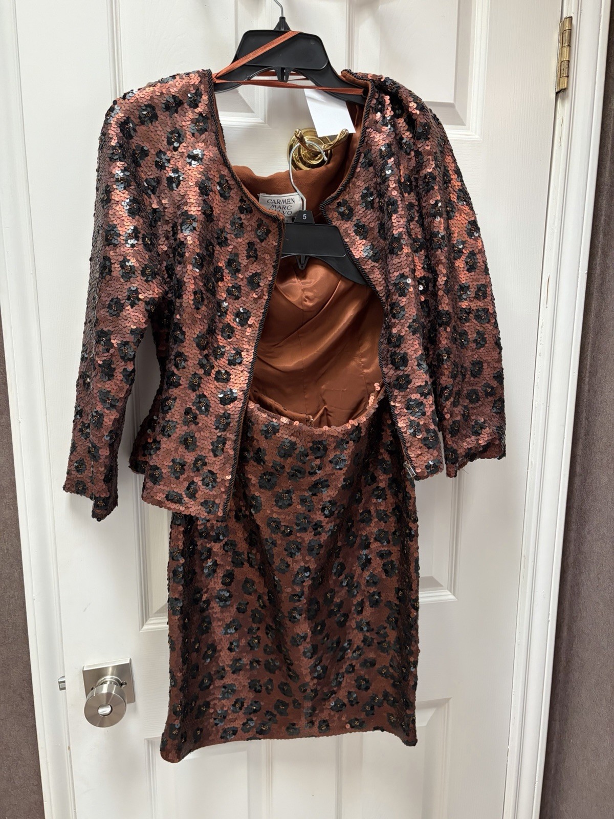 Vintage 1990s Carmen Marc Valvo Sequin Skirt & Jacket Size Small Leopard
