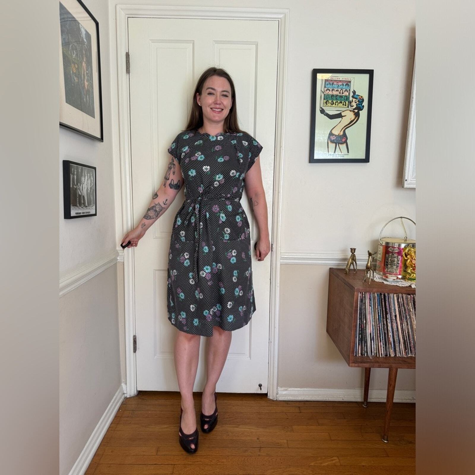 50s Vintage Black Cotton Housedress with Polkadots and flowers