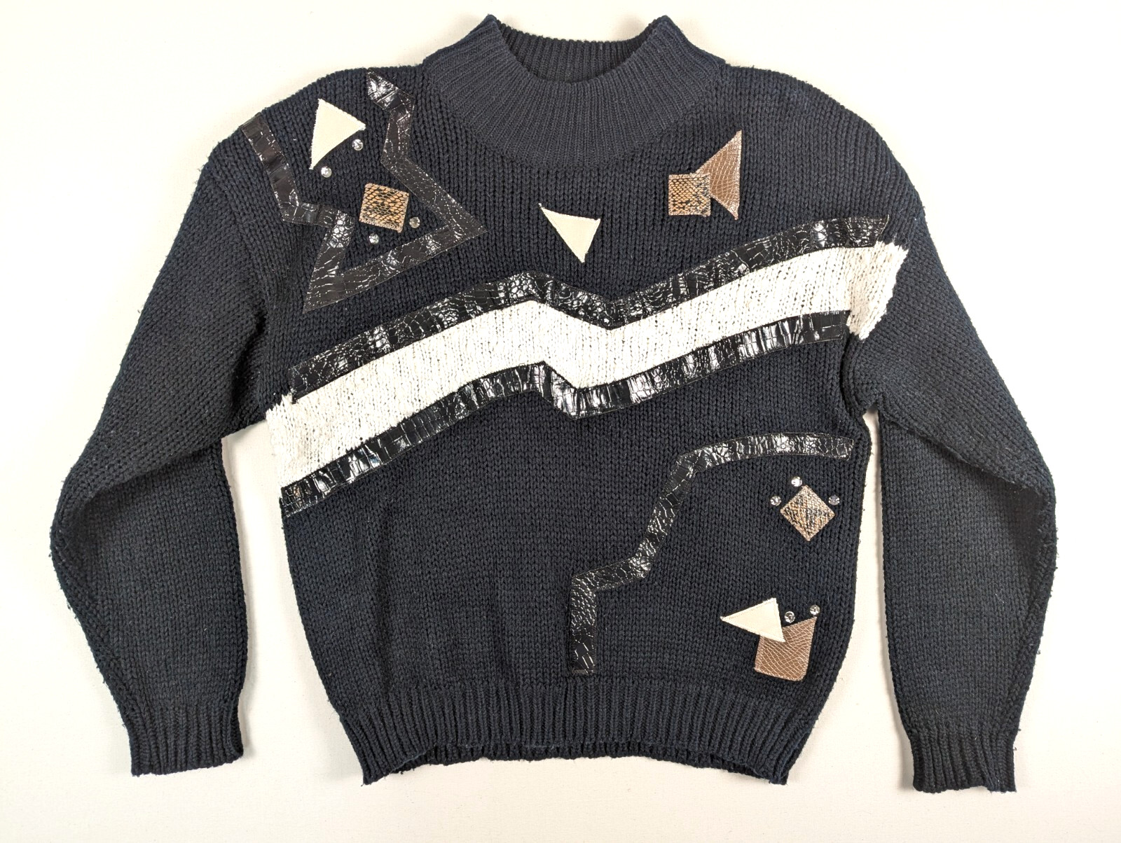 Vintage Jamie Scott 1980s Geometric Abstract Sweater Black Metallic Knit Sz L