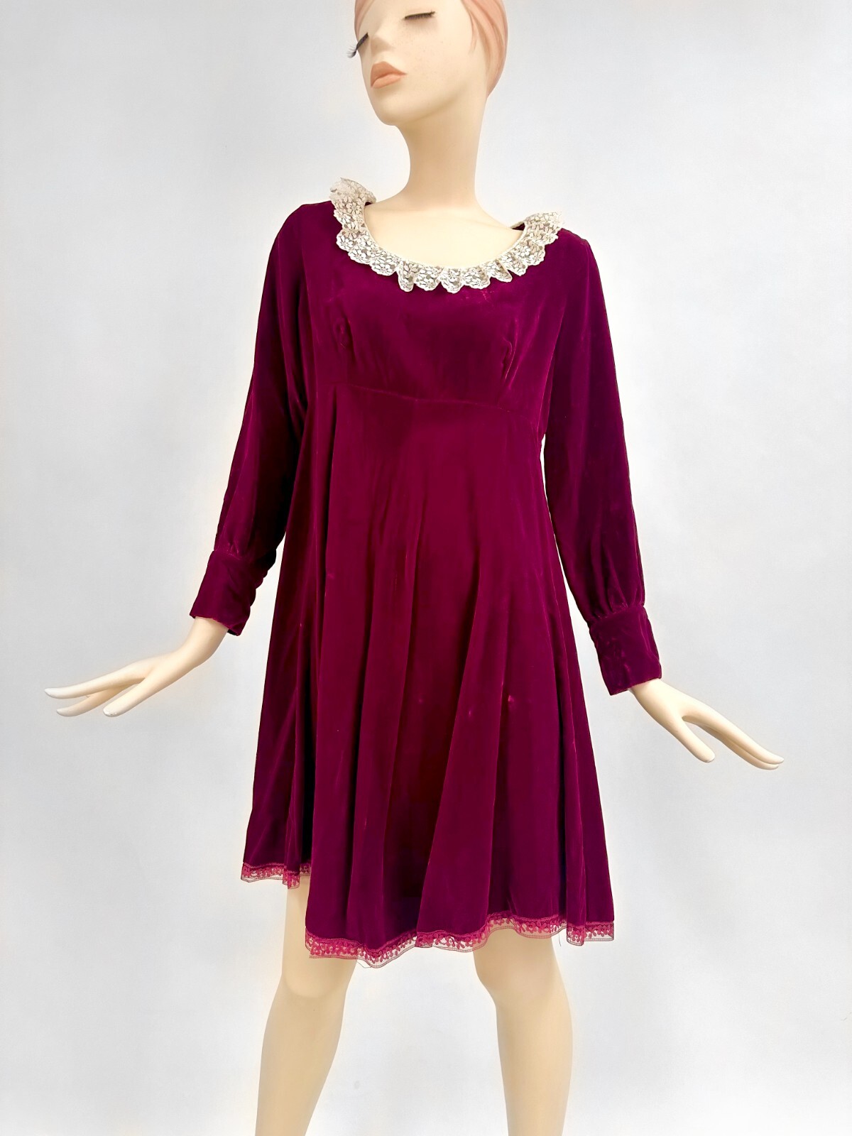 Vintage Dark Red Velvet Mini Dress Empire Lace Ruffle Long Sleeve Mod M/L