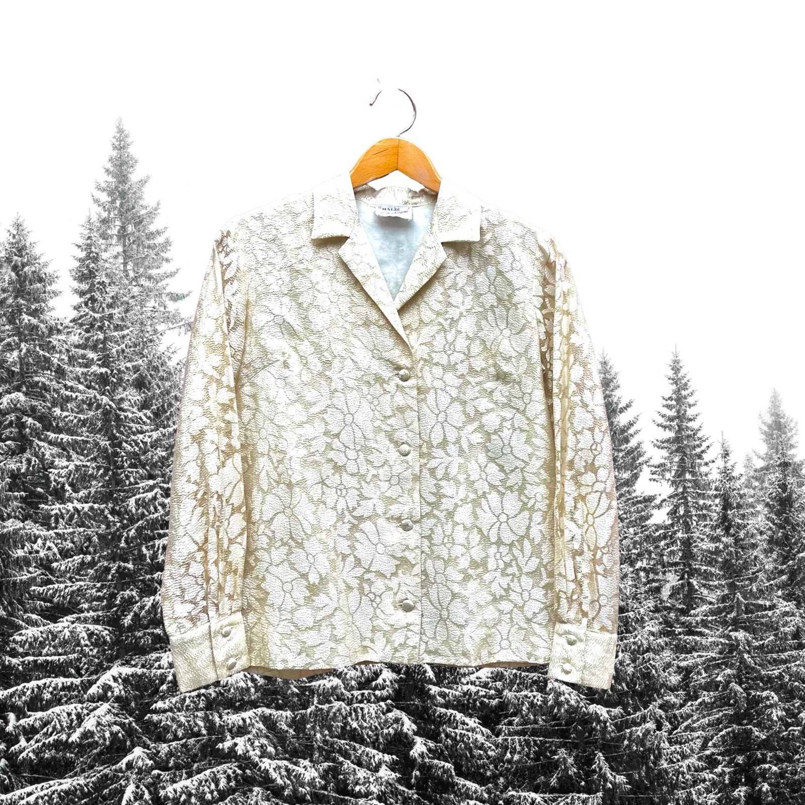 Vintage Malbe Original Lace Blouse Cream Gold Metallic Accent Sz 11 12 RN 10609
