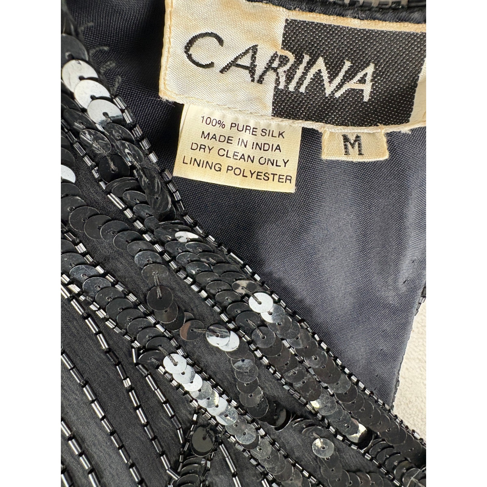 Vintage Carina Black Pure Silk Beaded Sequin Art Deco Flapper Mini Dress Medium