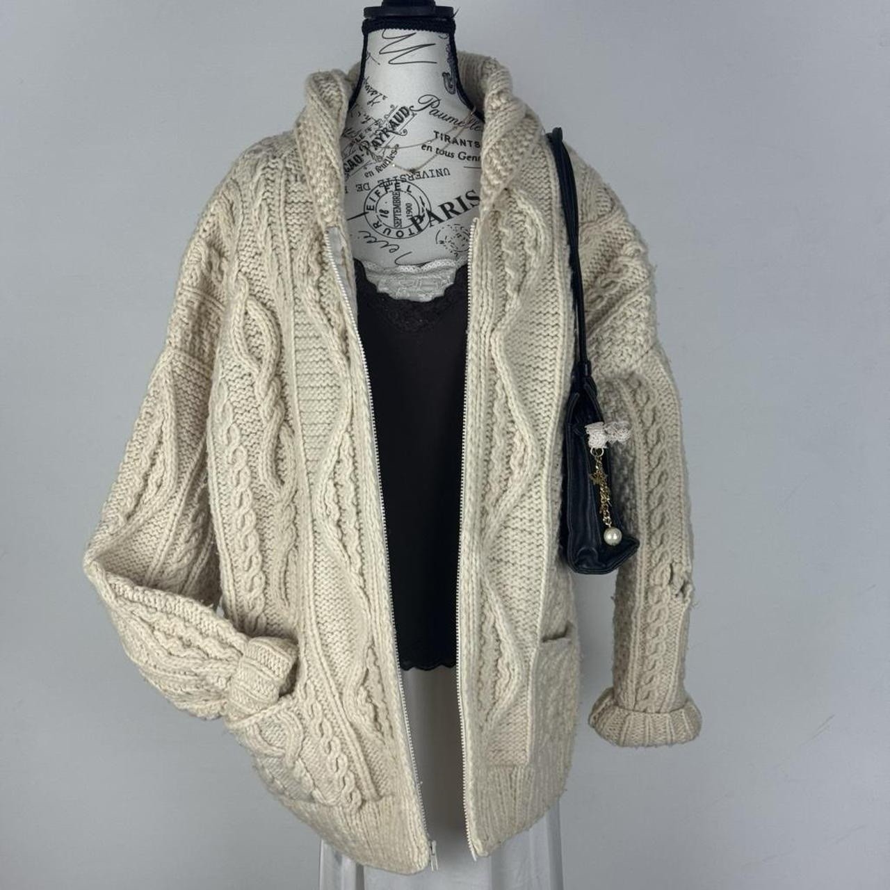 Hand Knit Aran Fisherman Cardigan Cream Cable Knit Wool Sweater Vintage L/XL