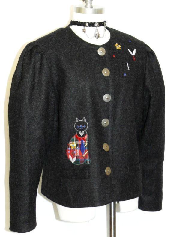 Bavaria Loden WOOL ALPACA BLACK Jacket LARGE CAT Women German Coat B46″ 16 L