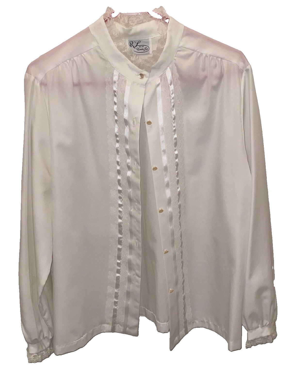 Vintage Women’s RL Rhoda Lee White Long Sleeve Button-Up Lace Trim Blouse Top