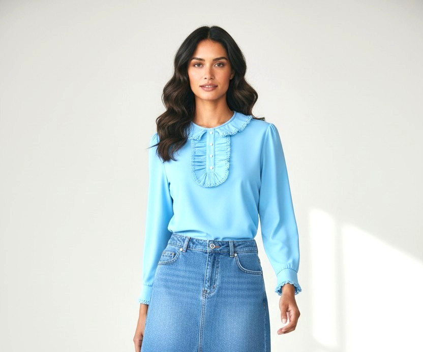 Going-To-A-Go-Go Ruffled Baby Blue 3/4 Sleeve Top;’60s Mod Size 4-5/Small