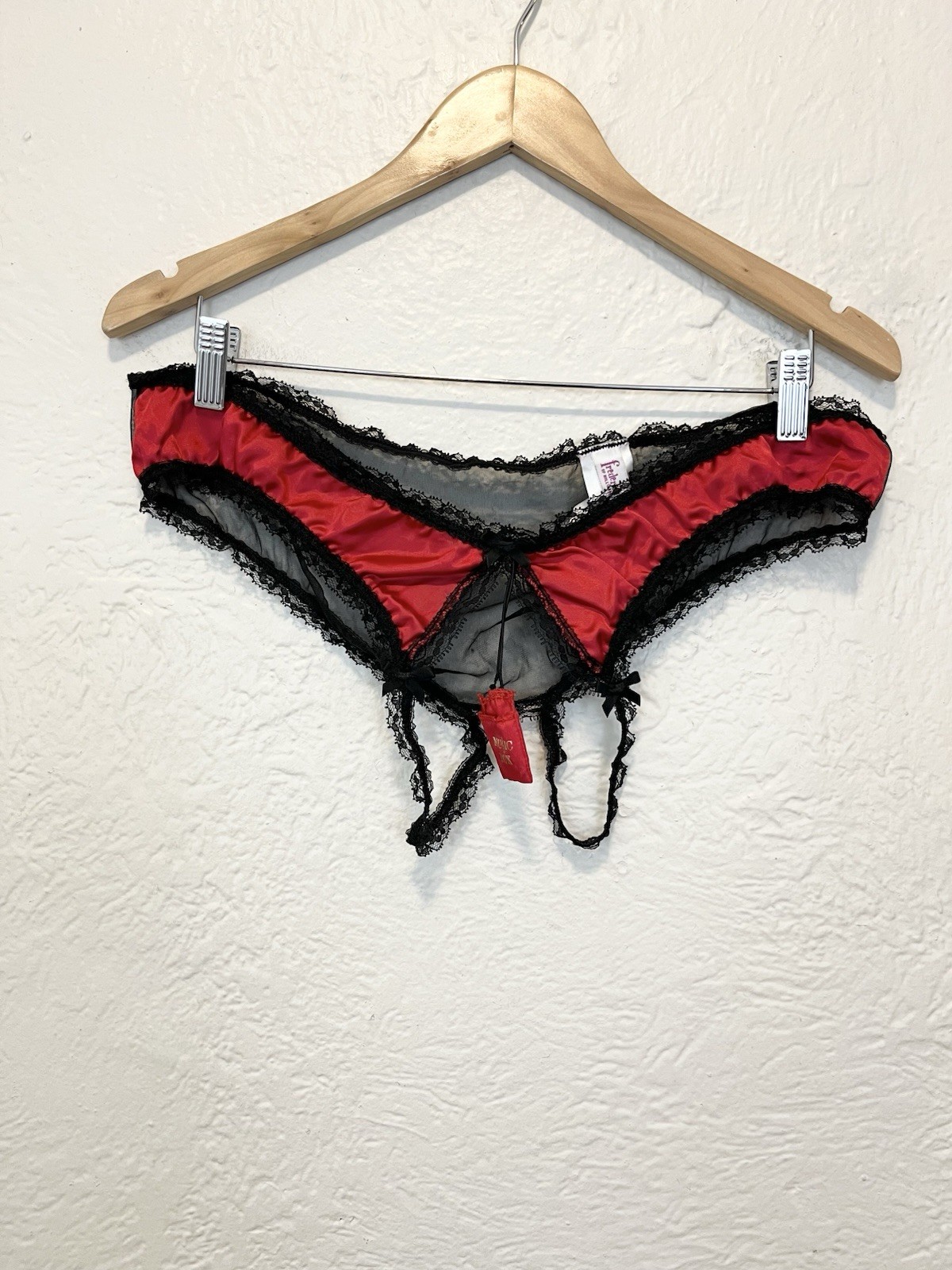 Vintage 90’s Fredericks of Hollywood Panties Crotchless Black Red Satin Sheer OS
