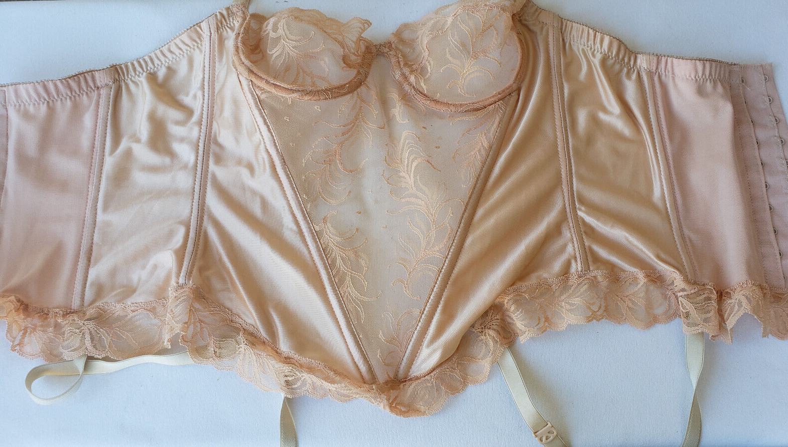 Vintage 80s Glydons Satin Lace Bustier Corset Garters Peach Merry Widow Bra 32