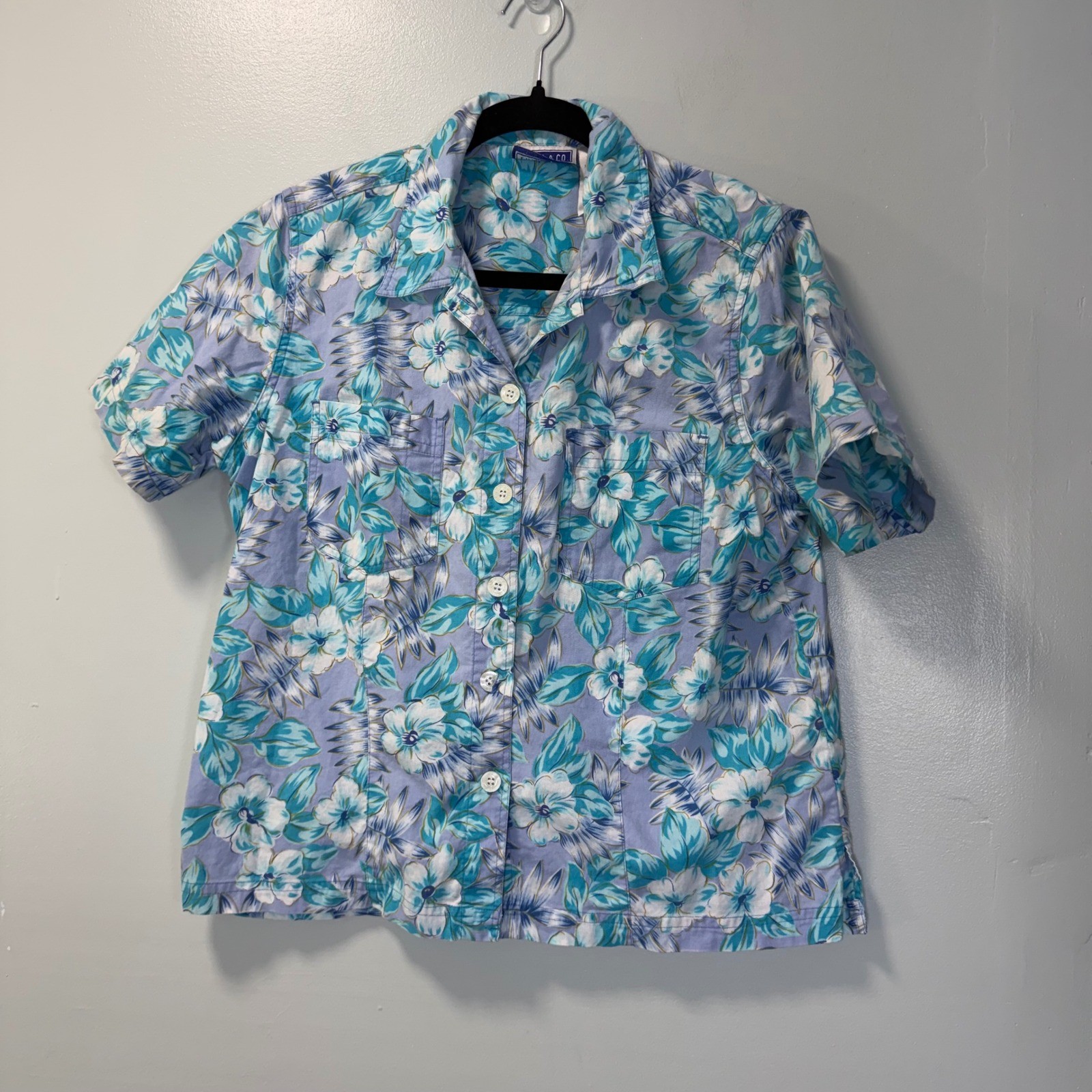Vintage Erika & Co Blue Floral Cotton Two Piece Short Set Small Tropical Summer